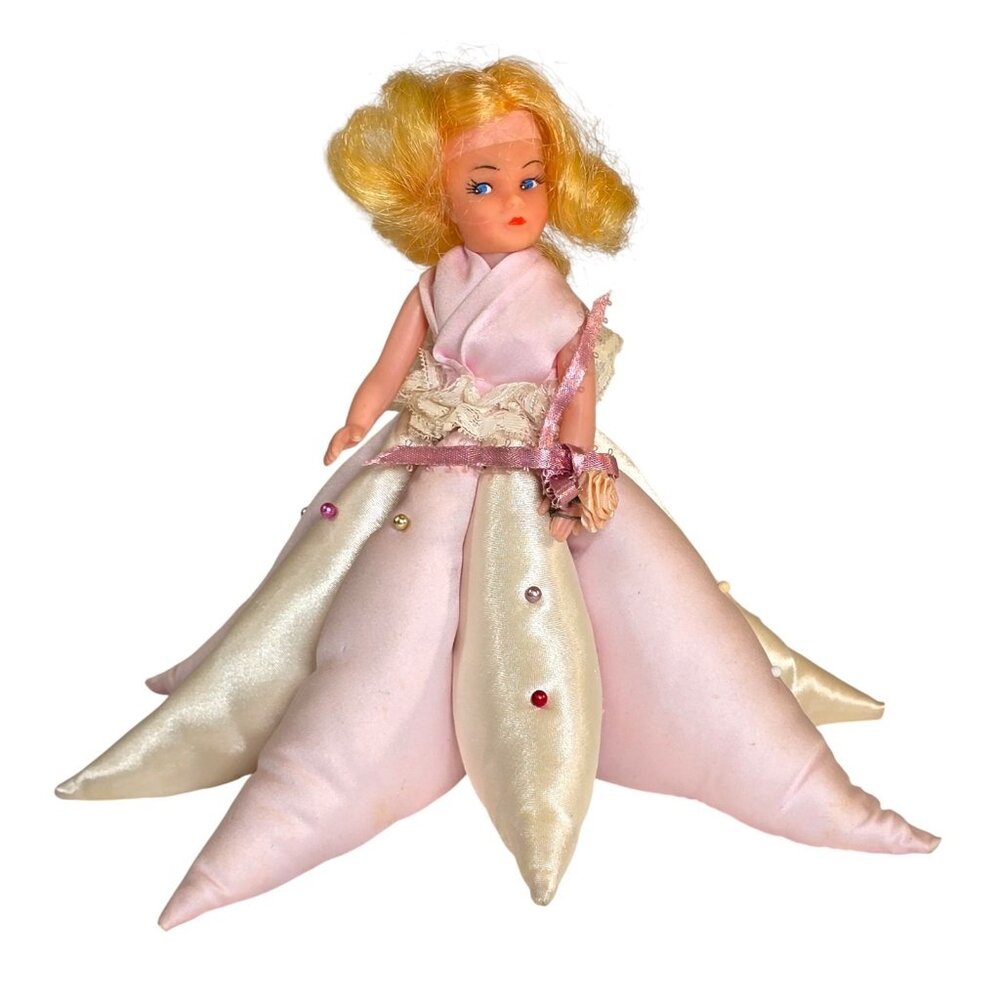 Vintage Pincushion Doll Satin Skirt Pink Blonde Sewing Pin Holder 1950s Handmade